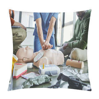 Personality  Partial View Of Paramedic Doing Chest Compressions On CPR Manikin Near Multiethnic Participants And Medical Equipment, Defibrillator, Wound Care Simulators, Tourniquets, First Aid Training Seminar Pillow Covers
