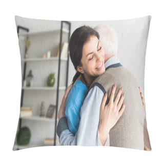 Personality  Smiling Nurse Hugging With Grey Haired Man, Standing In Room Pillow Covers
