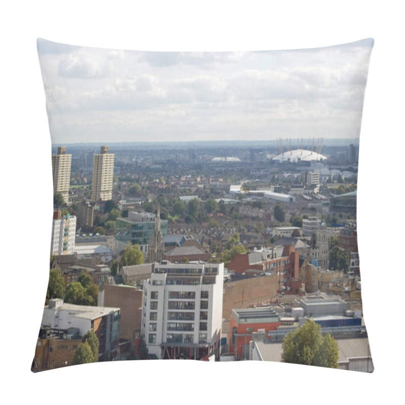 Personality  View from a tall building in Stratford, East London. Looking south across Stratford town centre, towards the River Thames with Greenwich beyond. pillow covers