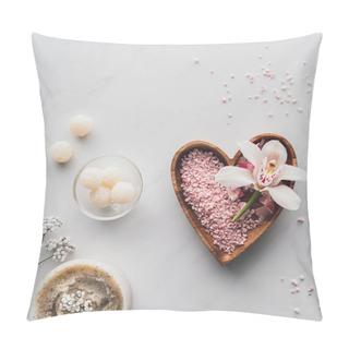 Personality  Top View Of White Orchid Flower And Pink Sea Salt In Heart Shaped Bowl On White Pillow Covers