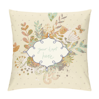 Personality  Vintage Card In Vector Made Of Flowers And Butterflies. Retro Floral Composition With A Textbox. Stylish Background In Ocher Colors Pillow Covers