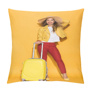 Personality  Happy Stylish Female Traveler In Straw Hat Standing With Wheeled Bag On Yellow Background  Pillow Covers