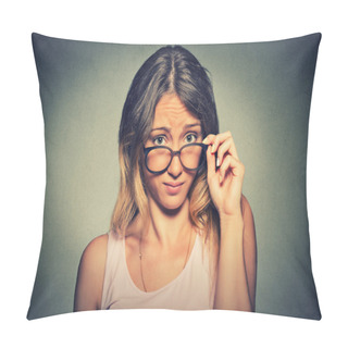 Personality  Confused Skeptical Woman Thinking Looking At You With Disapproval  Pillow Covers