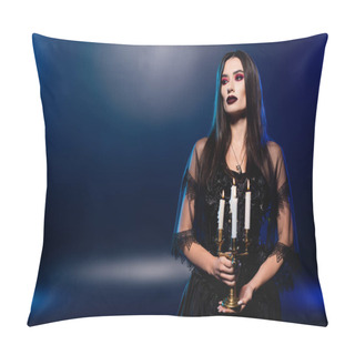 Personality  Woman In Black Dress And Veil Holding Burning Candles On Blue, Halloween Concept Pillow Covers