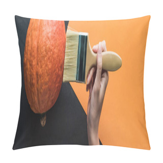 Personality  Panoramic Shot Of Woman Holding Paintbrush Near Pumpkin On Black And Orange Background Pillow Covers