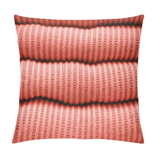 Personality  Pile Of Warm Living Coral Knitted Sweaters In A Row. Pillow Covers