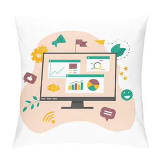 Personality  Concept Of Digital Online Marketing Agency. Seo And Data Analysis With Dashboard. Vector Illustration Pillow Covers