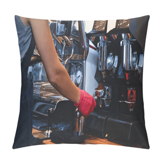 Personality  Cropped View Of Barista Holding Portafilter With Ground Coffee Pillow Covers