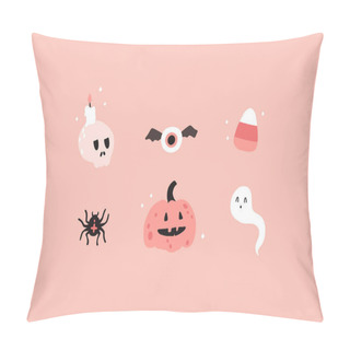 Personality  Halloween Pink Mini Set. Hand-drawn Cartoon Illustration Of Magical Elements In A Simple Naive Style. Pastel Limited Palette For Kids Print Pillow Covers