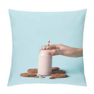 Personality  Cropped Image Of Woman Holding Bottle With Strawberry Milkshake And Chocolate Cookies On Blue Background  Pillow Covers