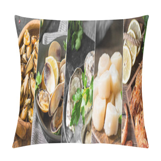 Personality  Food Collage. Collage Of Different Seafood. Collage Of Photos With Scallops, Mussels, Oysters And Prawns. Banner Pillow Covers