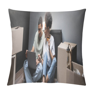 Personality  Smiling African American Couple Using Laptop And Credit Card Near Carton Boxes In New House, Banner Pillow Covers