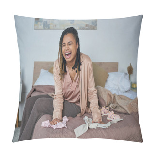 Personality  Despair, African American Woman Crying Near Baby Clothes On Bed, Miscarriage Concept, Depression Pillow Covers