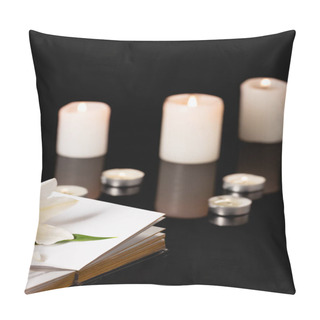 Personality  Lily, Candles And Holy Bible On Black Background, Funeral Concept Pillow Covers