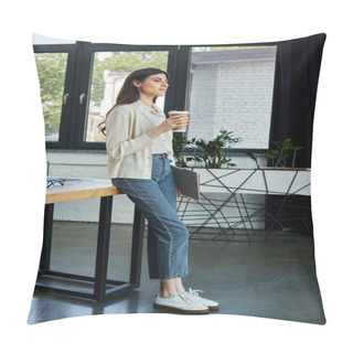 Personality  A Modern Businesswoman Stands At A Table, Enjoying A Cup Of Coffee In A Sleek Office Setting. Pillow Covers