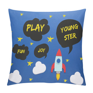 Personality  Clouds And Rocket On Blue Paper Background With Play, Joy, Fun And Youngster Words Pillow Covers
