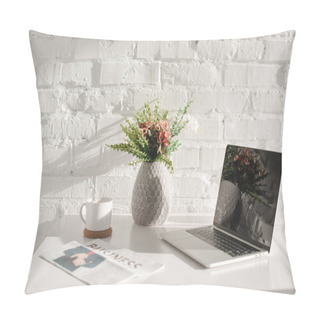 Personality  Laptop With Blank Screen In White Kitchen Near Business Newspaper Pillow Covers