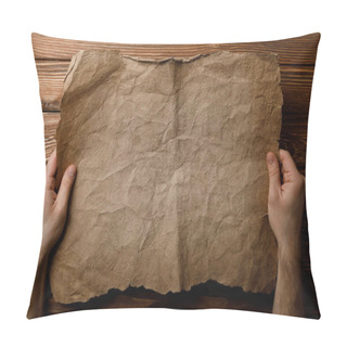 Personality  Cropped View Of Man Holding Old Parchment Sheet In Hands  Pillow Covers