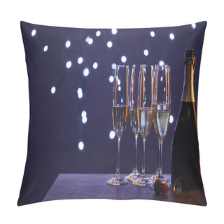 Personality  Champagne In Bottle And Glasses With Blue Christmas Lights Bokeh Pillow Covers