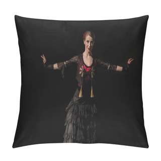 Personality  Attractive Woman With Outstretched Hands Dancing Flamenco Isolated On Black Pillow Covers