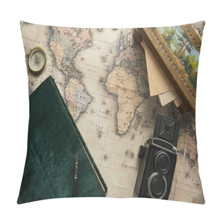 Personality  Top View Of Vintage Camera, Compass, Fountain Pen, Photo Album And Painting On Map Background Pillow Covers