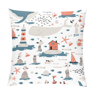Personality  Marine Seamless Pattern. Childish Illustration In Simple Hand-drawn Scandinavian Style. Cute Animals And Fish. Whales, Sharks, Seagulls, Etc. Lighthouse, Nordic House, Ships Pillow Covers
