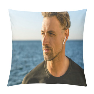 Personality  Close-up Portrait Of Handsome Adult Man With Wireless Earphones On Seashore Looking Away Pillow Covers