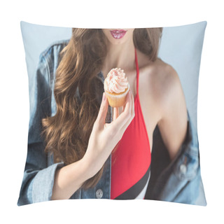 Personality  Cropped Image Of Sexy Girl In Red Swimsuit Holding Cupcake Isolated On Grey Pillow Covers