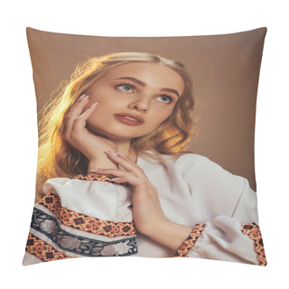 Personality  A Young Woman In A White Shirt Strikes A Pose In A Studio With A Whimsical And Fantasy-like Atmosphere. Pillow Covers