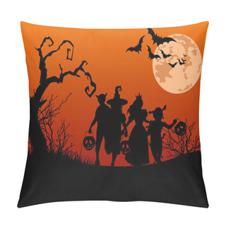 Personality  Halloween Background With Silhouettes Of Trick Or Treating Child Pillow Covers