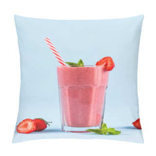 Personality  Glass Of Strawberry Smoothie With Mint On Blue Background Pillow Covers