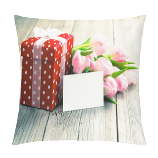 Personality  Beautiful Tulips With Red Polka-dot Gift Box. Happy Mothers Day, Pillow Covers