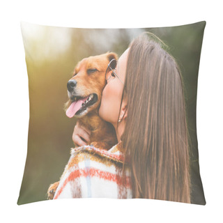 Personality  Woman Kissing Dog. Dog And Owner Together Outdoors. Love For Animals Pillow Covers