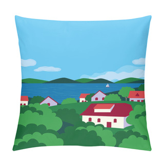 Personality  Summer Village River Landscape Flat Color Vector Pillow Covers