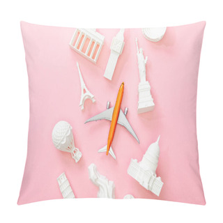 Personality  Top View Of Toy Plane Near Figurines From Countries On Pink  Pillow Covers