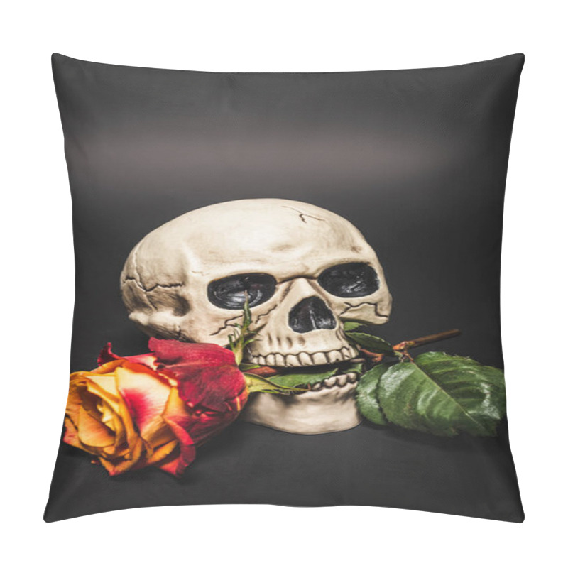 Personality  orange rose in teeth of creepy skull on black  pillow covers