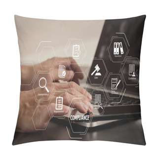 Personality  Compliance Virtual Diagram For Regulations, Law, Standards, Requirements And Audit. Businessman Hand Working With Smart Phone And Laptop And Digital Tablet Computer In Modern Office Pillow Covers