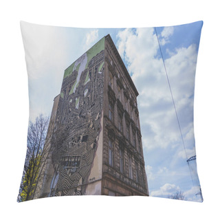 Personality  WROCLAW, POLAND - APRIL 18, 2022: Low Angle View Of Mural On Old Building On Street  Pillow Covers
