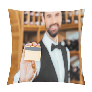 Personality  Selective Focus Shot Of Young Wine Steward Holding Golden Card At Wine Store Pillow Covers