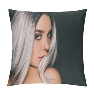 Personality  Beautiful Fashionable Girl Posing In Grey Wig, Isolated On Black Pillow Covers