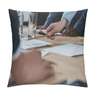 Personality  Cropped View Of Businesswoman Pointing With Pencil At Document During Business Meeting With Colleagues Pillow Covers