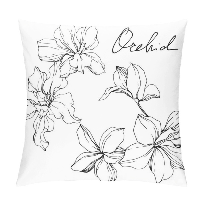 Personality  Beautiful black and white orchid flowers engraved ink art. Isolated orchids illustration element on white background. pillow covers