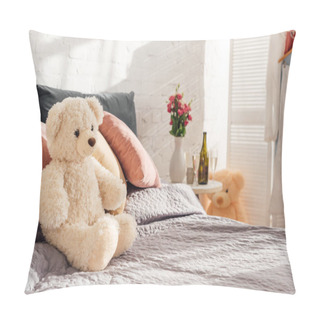 Personality  Selective Focus Of Teddy Bear Toy On Bed In Modern Bedroom With Copy Space Pillow Covers