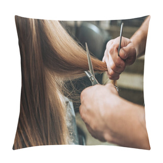 Personality  Cropped Shot Of Hairdresser Doing Haircut To Young Woman In Beauty Salon  Pillow Covers