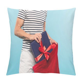 Personality  Cropped View Of Middle Aged Man Present And Santa Sack Isolated On Blue Pillow Covers