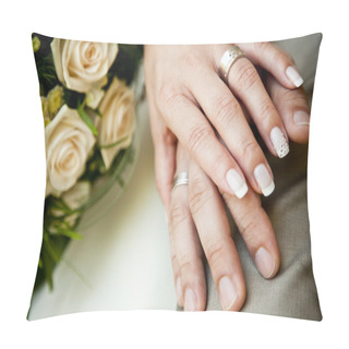 Personality  Hands Of A Young Couple With Wedding Rings. Pillow Covers