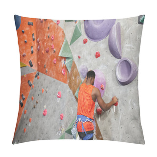 Personality  Strong African American Man In Orange Shirt Climbing Up Rock Wall With Alpine Harness, Bouldering Pillow Covers