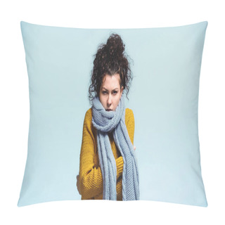 Personality  Woman In Warm Sweater And Scarf Hugging Herself While Freezing Isolated On Blue Pillow Covers