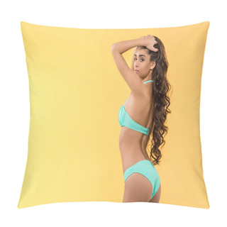 Personality  Beautiful Slim Girl Posing In Bikini, Isolated On Yellow Pillow Covers
