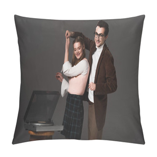 Personality  Happy, Old Fashioned Couple Dancing Near Record Player Isolated On Black Pillow Covers
